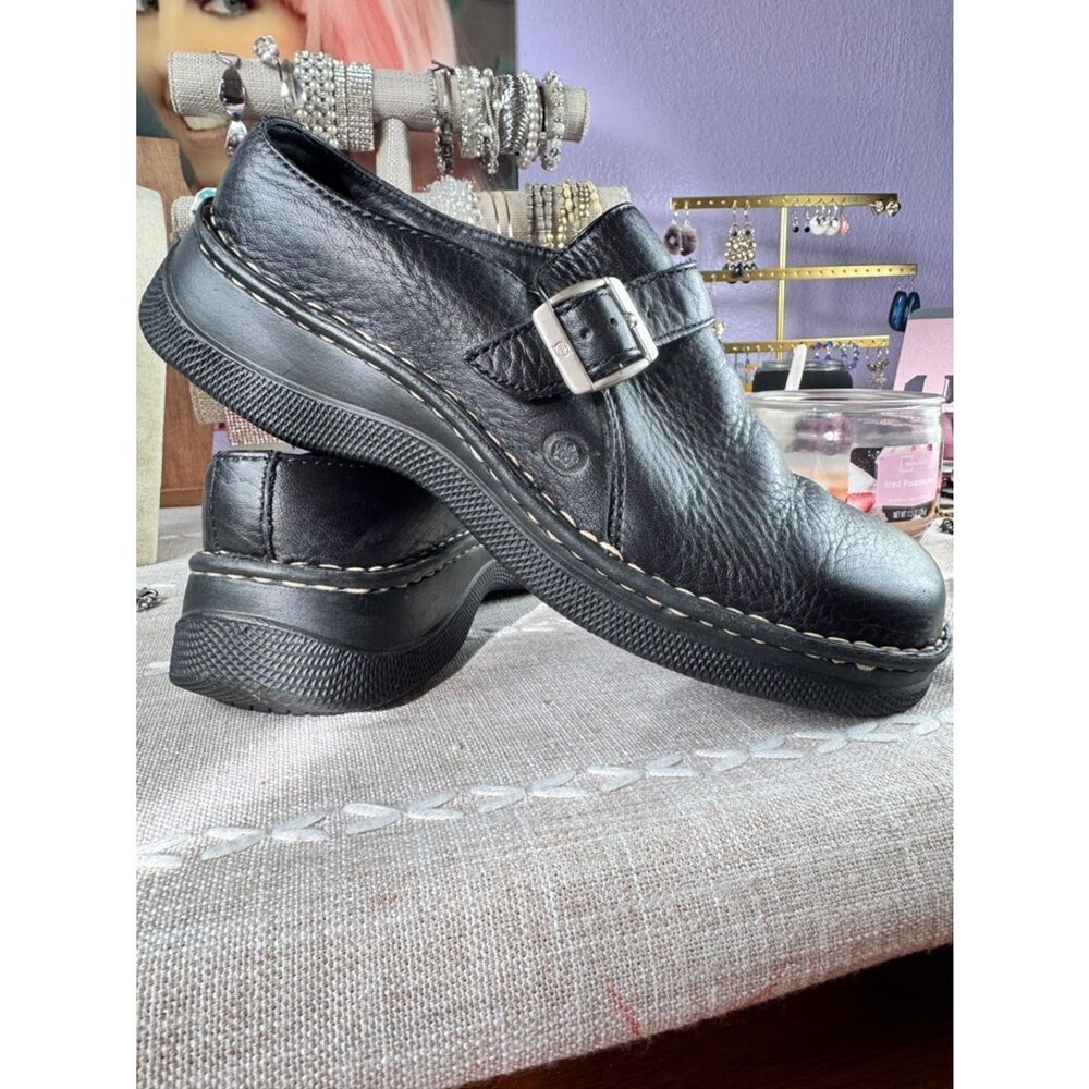 Born Black Leather Buckle Slip-On Flats